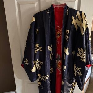 NWT Da Shang Hai Blue/Red/Gold Reversible Belted Collared Pockets Kimono Size M
